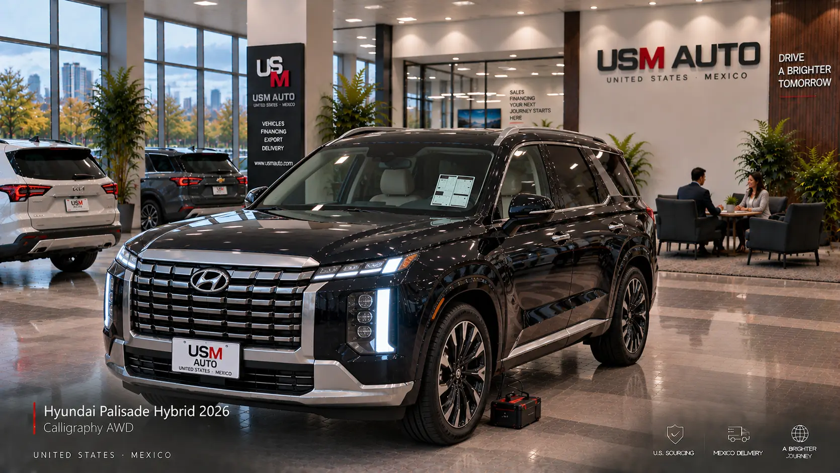 Hyundai Palisade Hybrid Calligraphy 2026, vista exterior de tres cuartos frontal