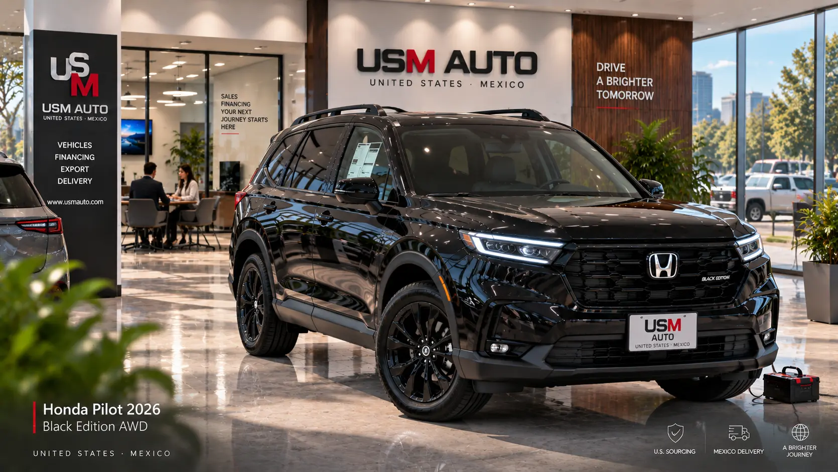 Honda Pilot Black Edition AWD 2026, vista exterior de tres cuartos frontal