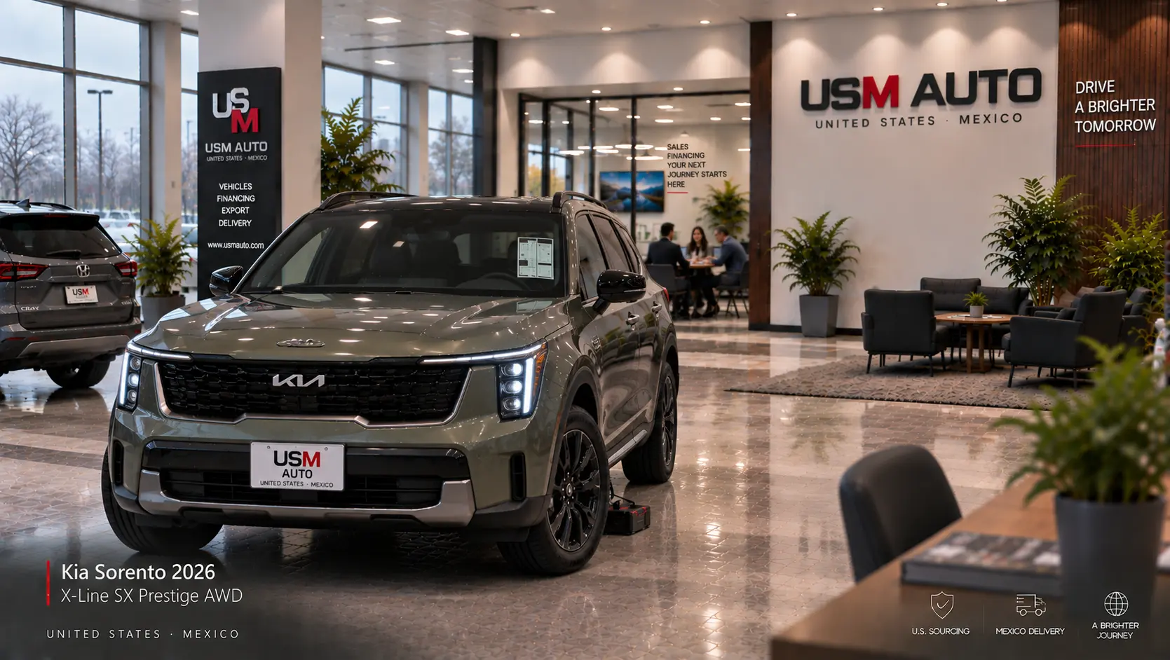Kia Sorento X-Line SX Prestige AWD 2026, vista exterior de tres cuartos frontal