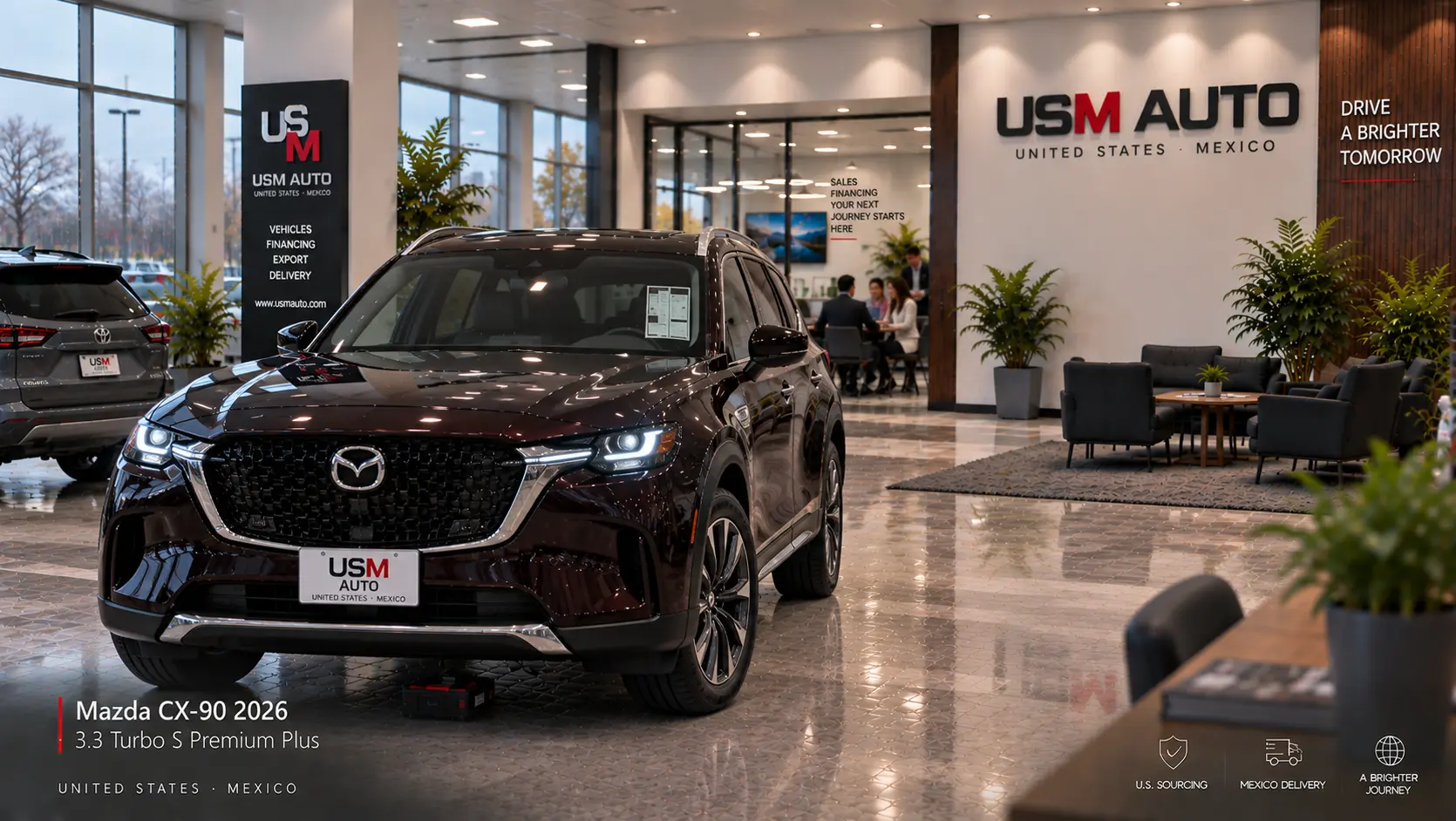 Mazda CX-90 3.3 Turbo S Premium Plus 2026, vista exterior de tres cuartos frontal