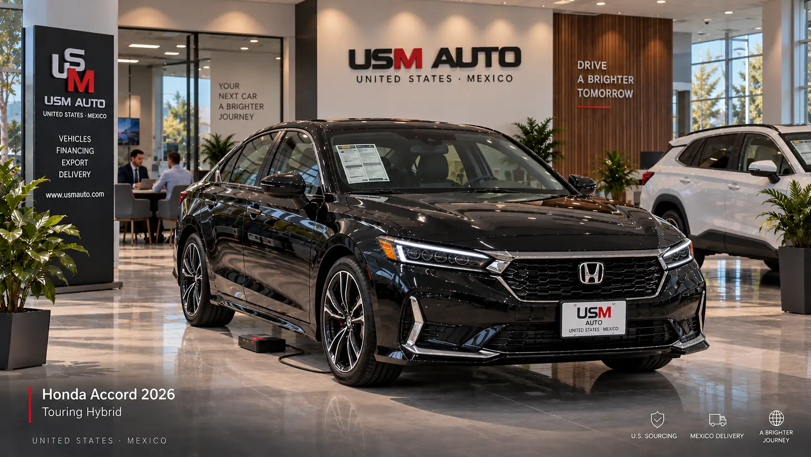 Honda Accord Touring Hybrid 2026, vista exterior de tres cuartos frontal