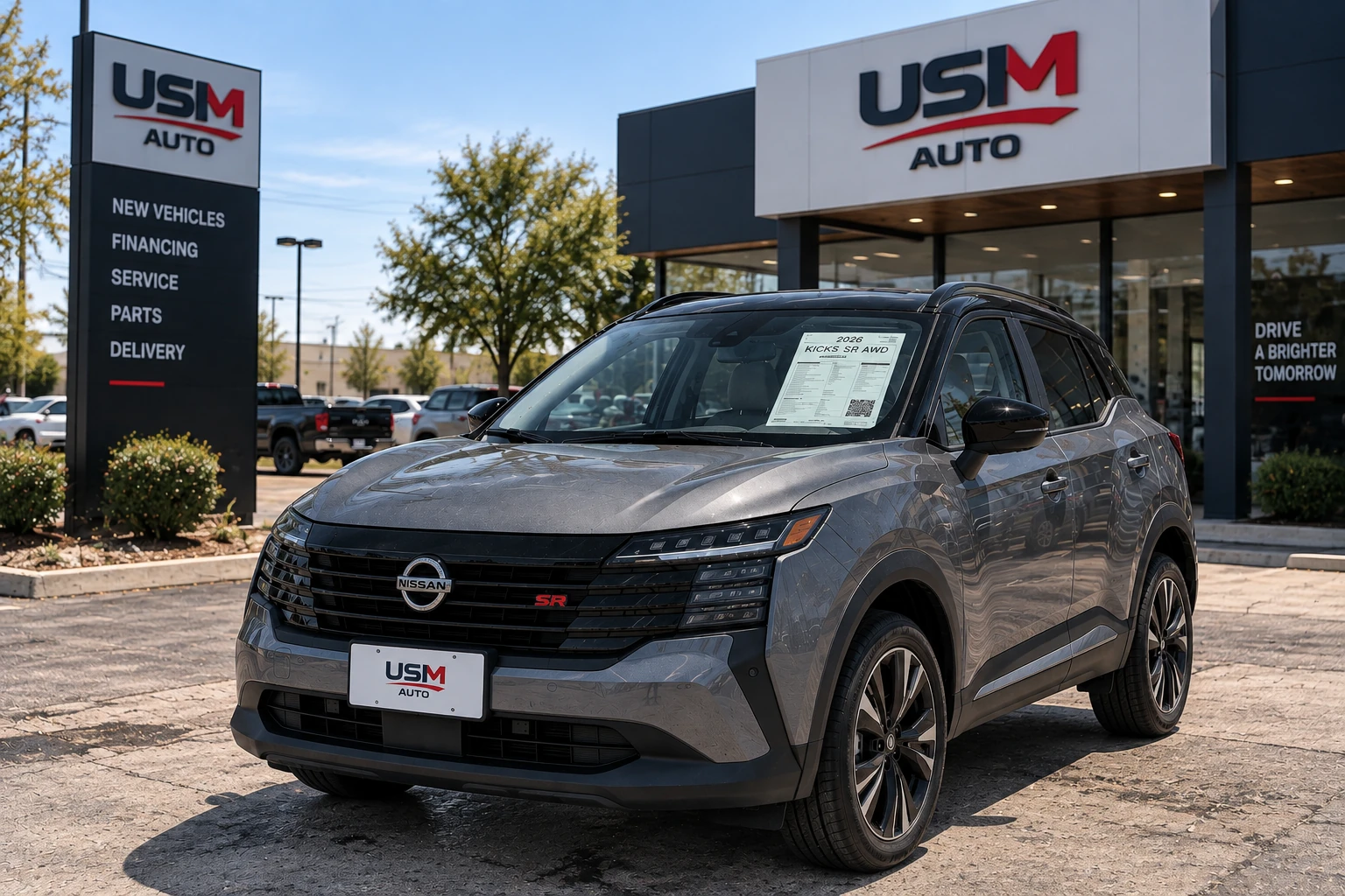 Exterior frontal tres cuartos de Nissan Kicks SR AWD 2026